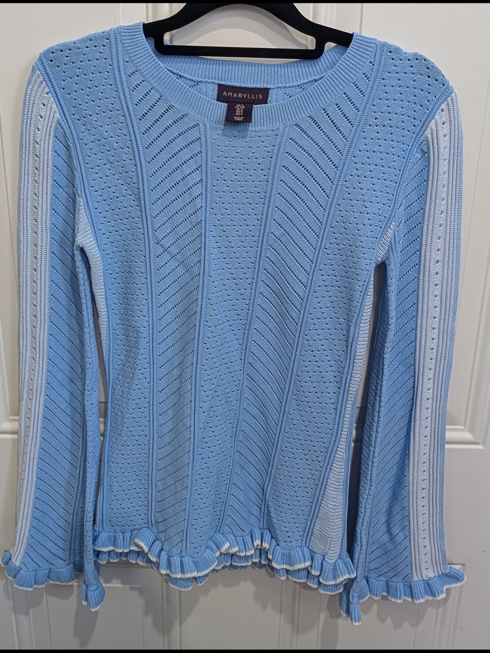 Amaryllis Light Blue Openwork Ruffle-Hem Crew Sweater